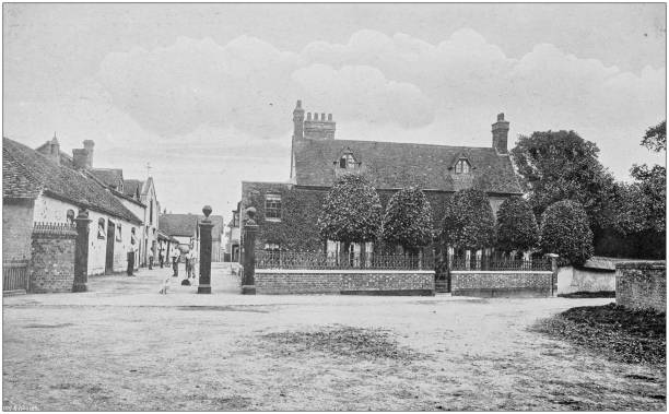 istock Antique vintage black and white photo: British countryside house 1386195148
