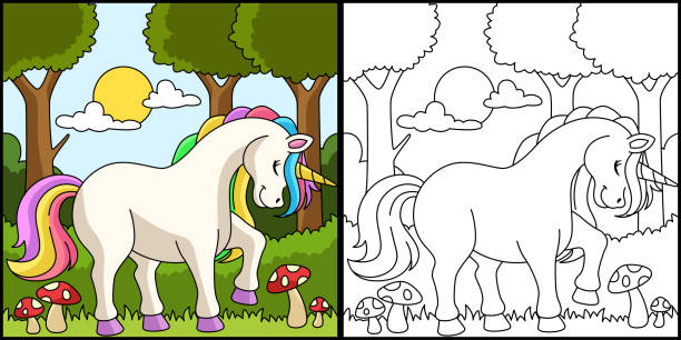 unicorn in a forest malvorlage farbig - pilze wald deutschland stock-grafiken, -clipart, -cartoons und -symbole