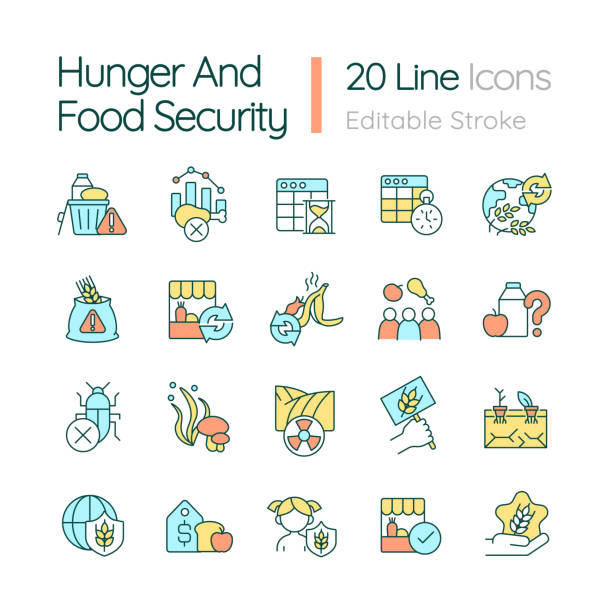 ilustraciones, imágenes clip art, dibujos animados e iconos de stock de conjunto de iconos de color rgb sobre el hambre y la seguridad alimentaria - malnourished