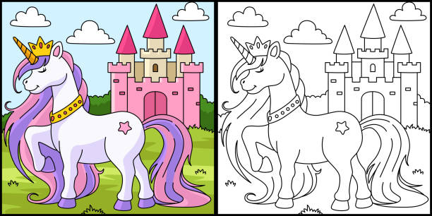 Unicorn Princess Coloring Page Colored This coloring page shows a unicorn princess. One side of this illustration is colored and serves as an inspiration for children. unicorn coloring pages stock illustrations