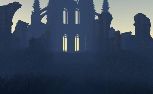 istock Ruined place of worship in mist at sunset. 3D render. 1386196307