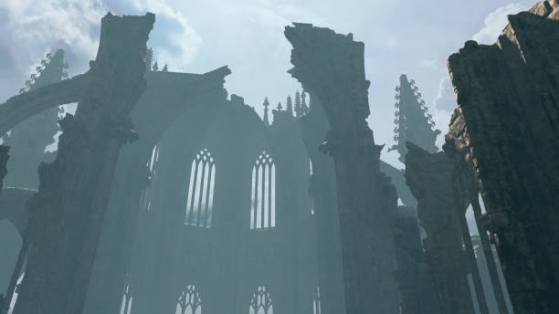istock An ancient dilapidated church in the mist under a cloudy sky. 3D render. 1386196321