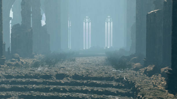 istock An ancient dilapidated cathedral in the mist. 3D render. 1386196323