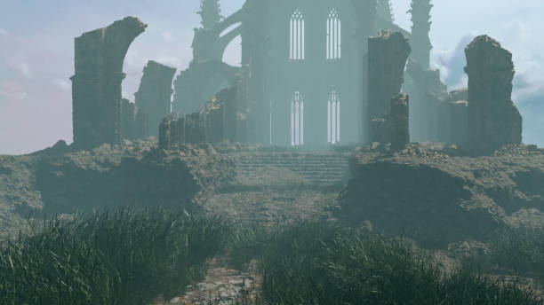 istock An ancient dilapidated cathedral in the mist under a cloudy sky. 3D render. 1386196326