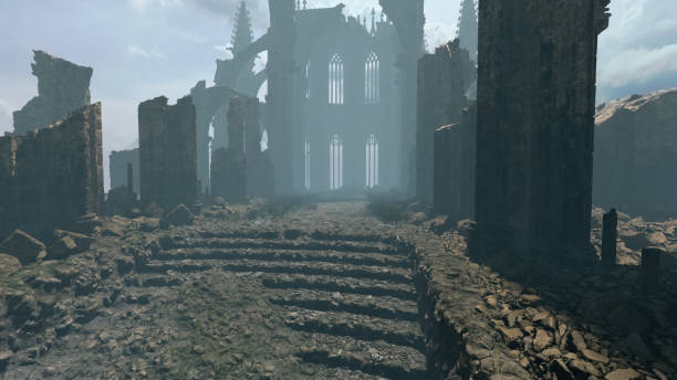 istock An ancient dilapidated cathedral in the mist under a cloudy sky. 3D render. 1386196327