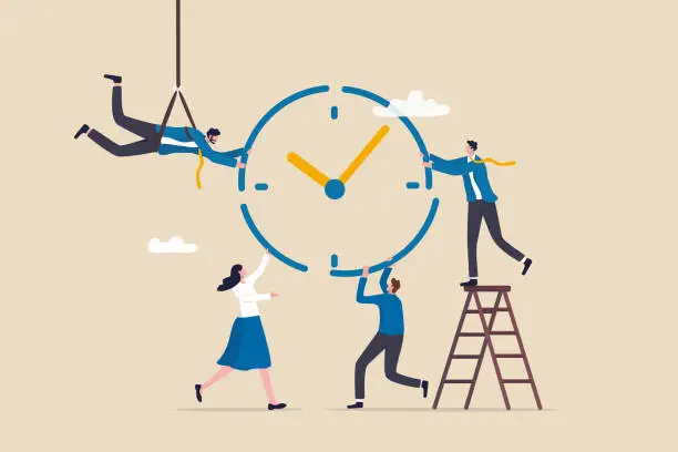 Vector illustration of Time management or project management to control team to complete tasks or strategic planner to manage resources to complete work in deadline, businessman and woman help combine clock timer pieces.