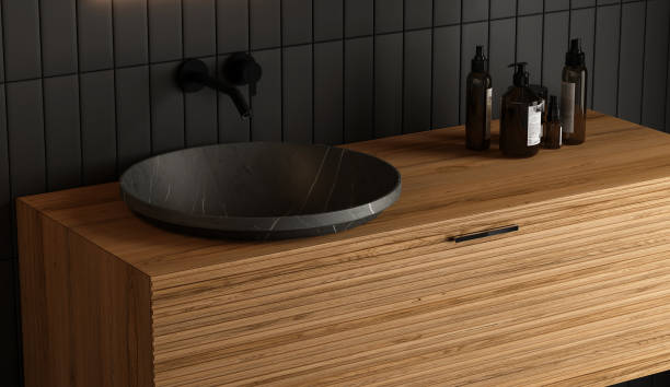 Close up modern wooden bathroom furniture. stock photo