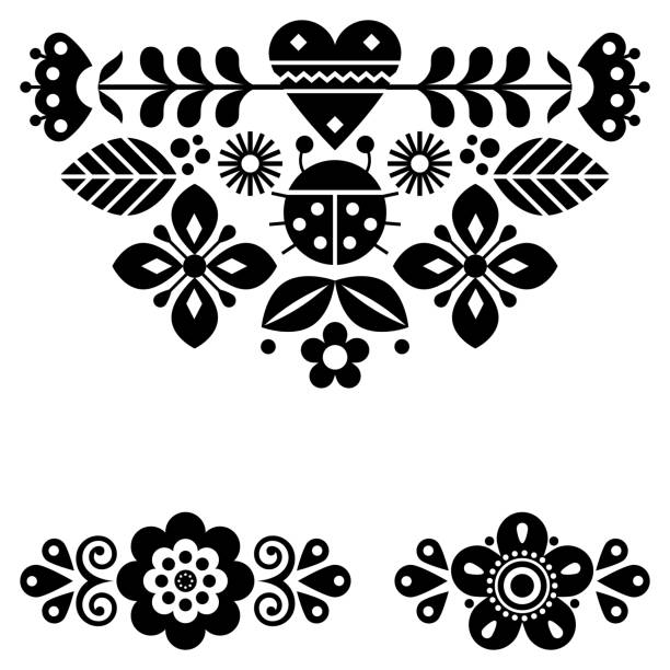 Scandinavian cute folk vector greeting card pattern with ladybird and flowers, black and white spring floral design elements inspired by traditional embroidery from Sweden, Norway and Denmark Retro nature happy folk art ornament with floral motif, vibrant ornament, monochrome design elements finnish culture stock illustrations