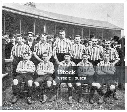 istock Antique black and white photograph of sport, athletes and leisure activities in the 19th century: Football team, Sheffield United 1386200665