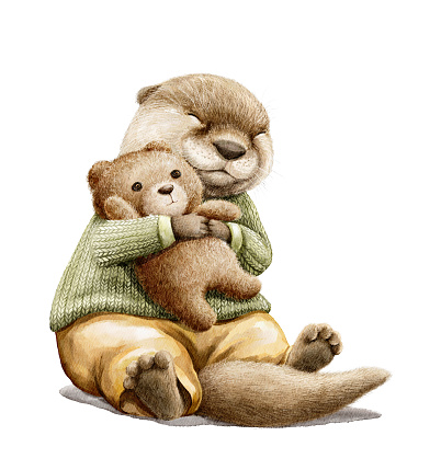 Watercolor Vintage Cartoon Otter Sits In Clothes And Hug Teddy Bear ...