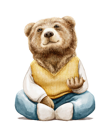 Watercolor vintage brown bear boy animal sitting in pants and sweater isolated on white background. Hand drawn illustration sketch