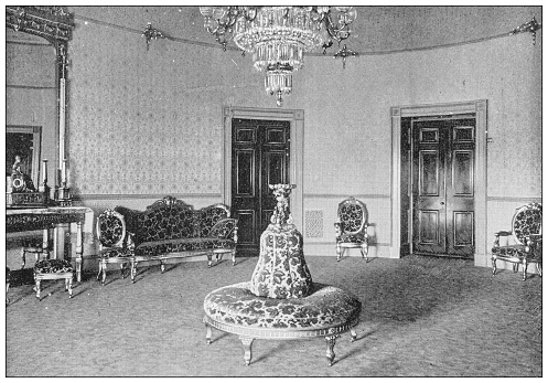 Antique black and white photograph of Washington, USA: White house, Blue room