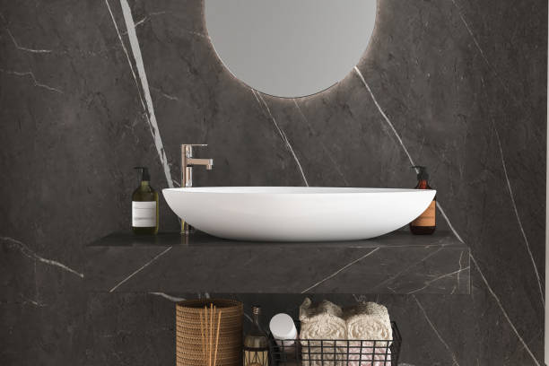 istock Close up black bathroom furniture with accessories. 1386201938