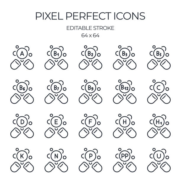 Vitamins A, B, C, D, E, F, K, H, N, P, PP and U editable stroke outline icons set isolated on white background flat vector illustration. Pixel perfect. 64 x 64. Vitamins A, B, C, D, E, F, K, H, N, P, PP and U editable stroke outline icons set isolated on white background flat vector illustration. Pixel perfect. 64 x 64. vitamin a nutrient stock illustrations