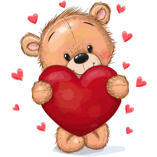 Vector illustration of Teddy Bear with heart on a hearts background