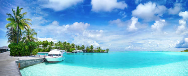 istock Beautiful panoramic tropical landscape with turquoise ocean and blue sky with clouds. 1386208330