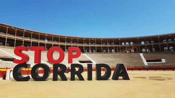 STOP CORRIDA words in 3D in a real arena - 3D rendering