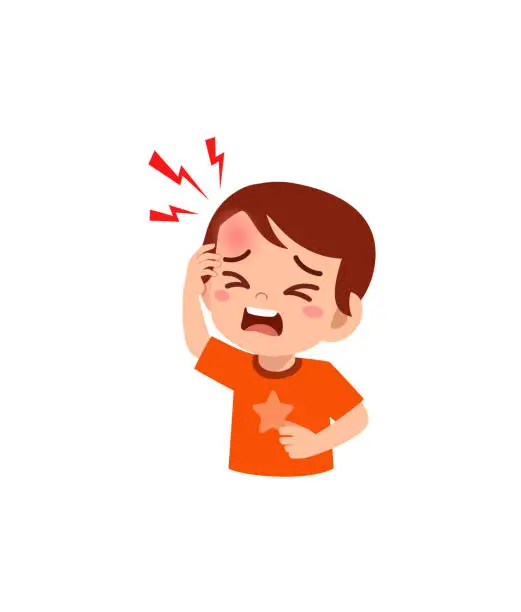 Vector illustration of ittle kid get bump in forehead feel sad