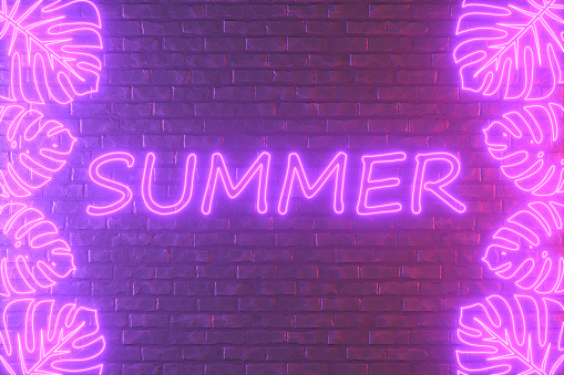 Summer holiday travel background neon lighting monstera brick wall, 3d render.