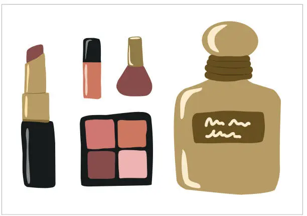 Vector illustration of A set of various makeup cosmetics. Lipsticks, nail polishes, eau de toilette, blush. Color flat vector illustration isolated on a white background.