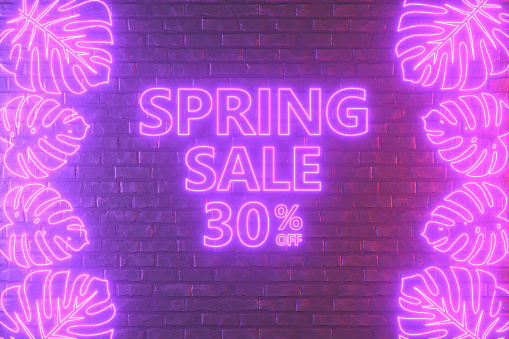 Spring sale 30% off neon lighting sign monstera on black brick wall, 3d render.