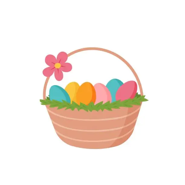 Vector illustration of Easter basket with colorful eggs.Vector cartoon style.