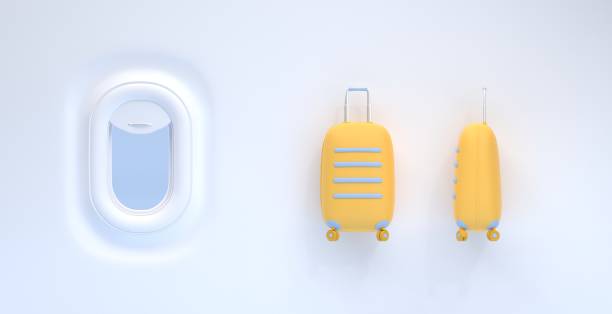 istock Airplane window and yellow plastic suitcases, 3d render. Aircraft porthole with open curtain and sky view, plane interior in flight with luggage bags for summer journey or vacation trip. Travel banner 1386221156