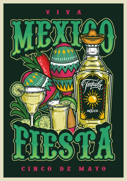 ilustraciones, imágenes clip art, dibujos animados e iconos de stock de cartel de bebidas de tequila y maracas - mexican culture cinco de mayo backgrounds sombrero