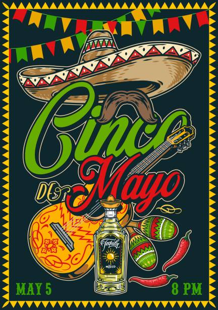 ilustraciones, imágenes clip art, dibujos animados e iconos de stock de cartel de invitación con sombrero e inscripción - patron tequila