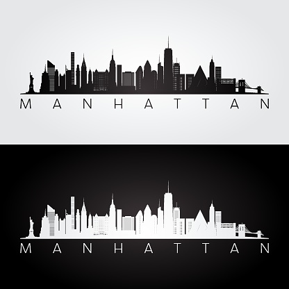 Manhattan, NYC skyline and landmarks silhouette, black and white design, vector illustration.