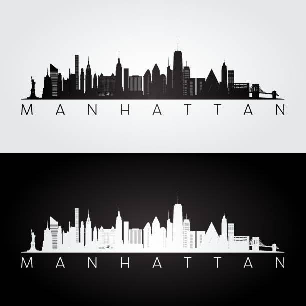 Manhattan 01 Manhattan, NYC skyline and landmarks silhouette, black and white design, vector illustration. lower manhattan stock illustrations