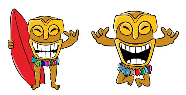 Vector illustration of Tiki Happy Surfing Day Cartoon Character