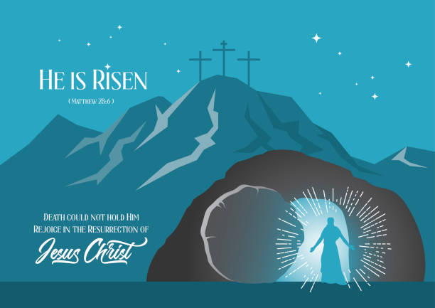 He is Risen! Alleluya Vector Illustration He is risen! Jesus appeared in Tomb with a mountain at back in teal background tomb stock illustrations