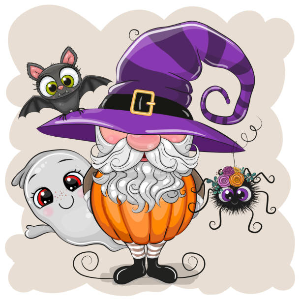 ilustraciones, imágenes clip art, dibujos animados e iconos de stock de gnomo de dibujos animados con murciélago sobre un fondo gris - witch halloween cauldron bat