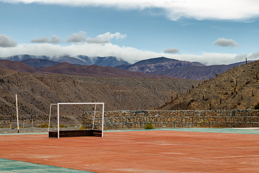 Soccer goal with a mountain range in the background in El Alfarcito, Salta, Argentina