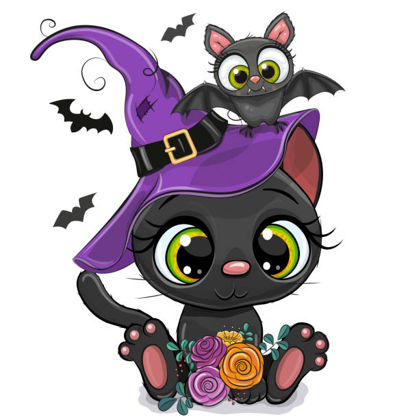 ilustrações de stock, clip art, desenhos animados e ícones de cartoon cat with bat on a white background - witch halloween cauldron bat