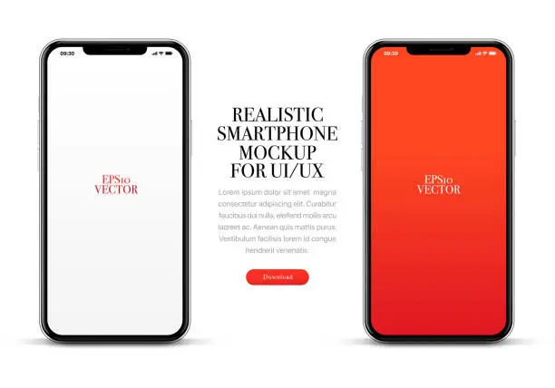 Vector illustration of 3d high quality vector smartphone mockups. Ultra realistic mobile device UI UX mockup for presentation template. Cellphone frame with blank screen isolated templates. 3d isometric illustration.