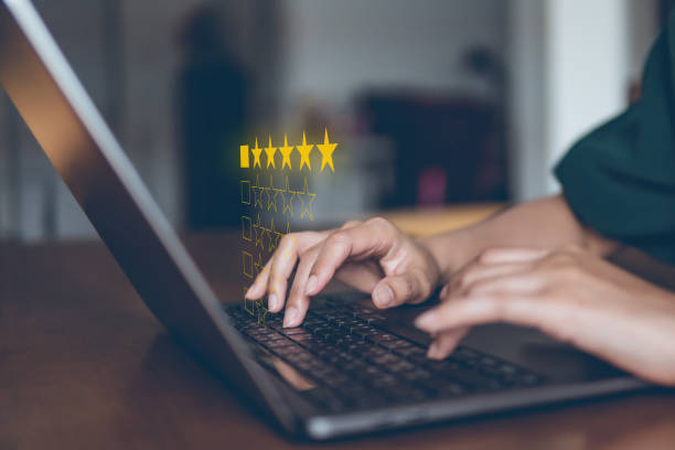 customer review satisfaction feedback survey concept, rating service experience on online application. - online service imagens e fotografias de stock