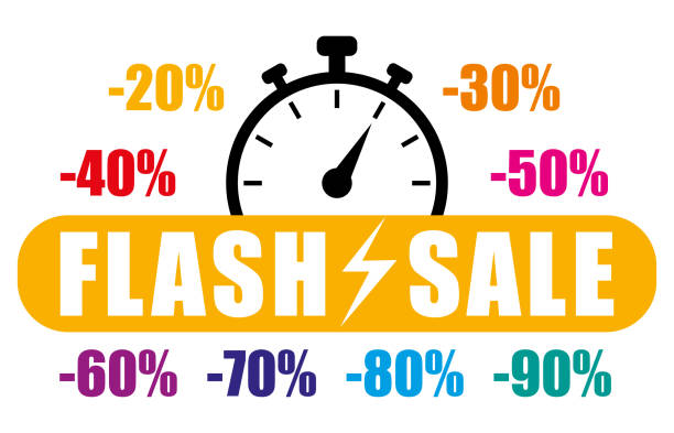 istock Flash sale in french language. Yellow and multicolored vector icon with discounts. 1386246206