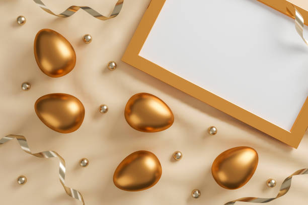 istock golden easter eggs, golden ball and empty photo frame on white fabric background.  flat lay. top view. happy easter day concept. space for text. 3D illustration 1386248687