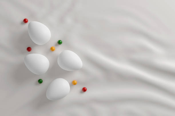 white easter eggs and candy ball on white fabric background.  flat lay. top view. happy easter day concept. 3D illustration