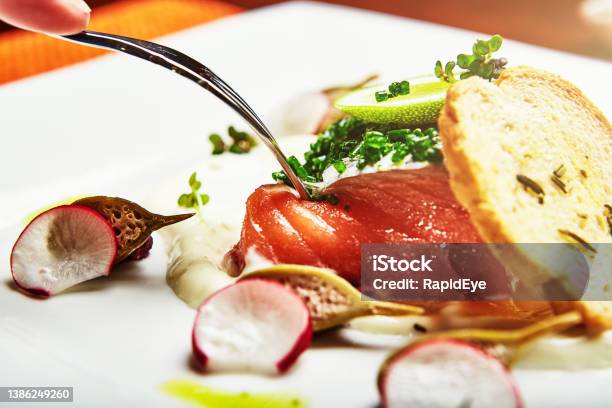 Elegant Restaurant Presentation Of Smoked Salmon With Radish Toast And Sauce Stock Photo - Download Image Now