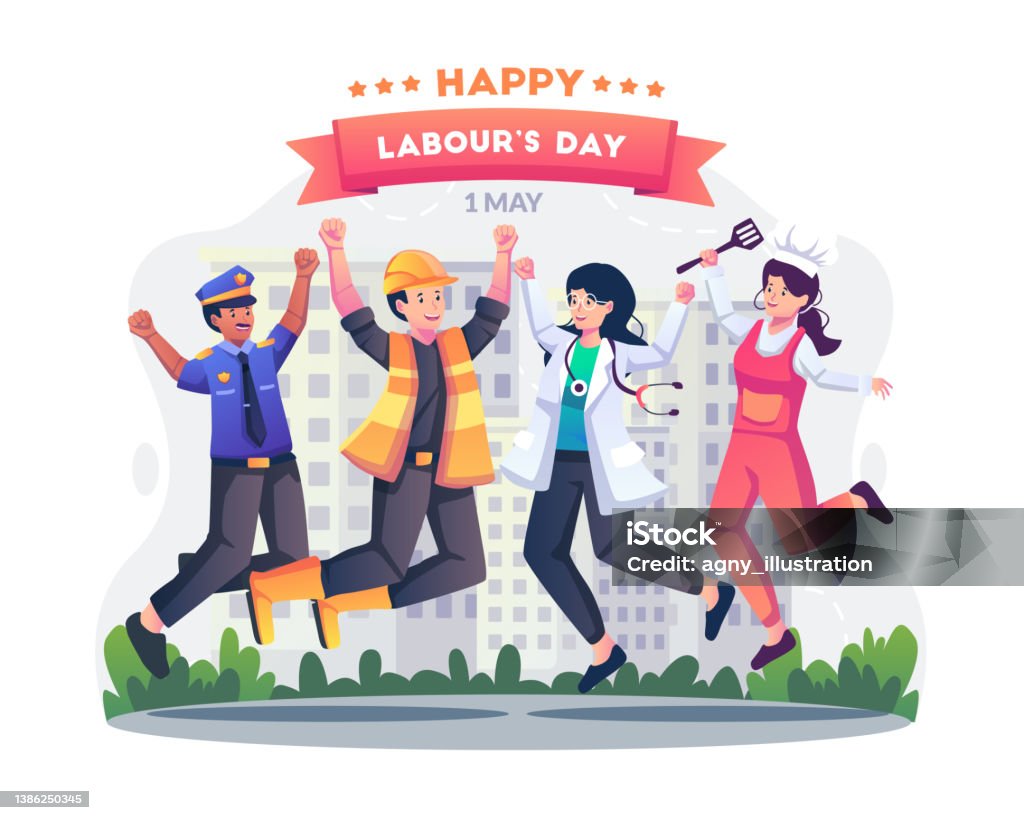 Labor workers in different professions are having fun jumping together happily celebrating Labour day on 1 May. Flat style vector illustration - 免版稅卡通圖庫向量圖形