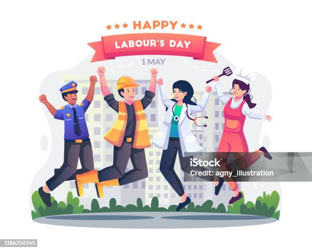 Labor Workers In Different Professions Are Having Fun Jumping Together Happily Celebrating Labour Day On 1 May Flat Style Vector Illustration向量圖形及更多卡通圖片