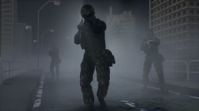 Soldiers in camouflage walk in the fog at night through the ruined city and shoot. Stop the war. 3d animation.