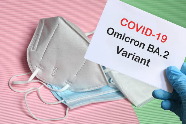 istock Doctor's hand in blue glove with white paper and text Covid-19 Omicron BA.2 Variant with various protection masks on background. COVID-19 Omicron BA.2 Variant strain protection concept. 1386254135