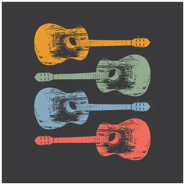 Vector illustration of Four retro guitars in four different colors.
