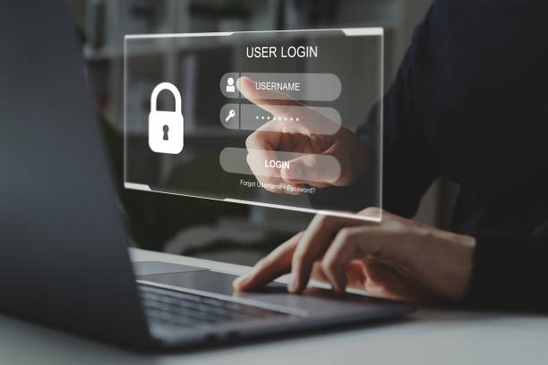 istock Cyber security icon concept, Hand of young man pointing login screen. 1386255231