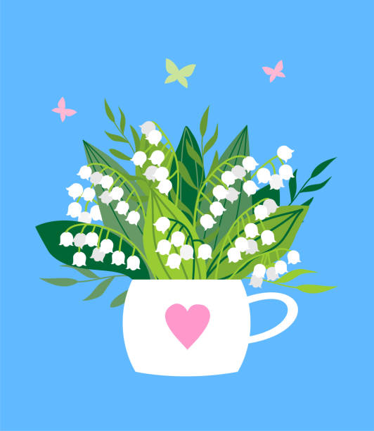 LILIES OF THE VALLEY MUG Spring card with lily of the valley bouquet in a white cup. lily of the valley stock illustrations