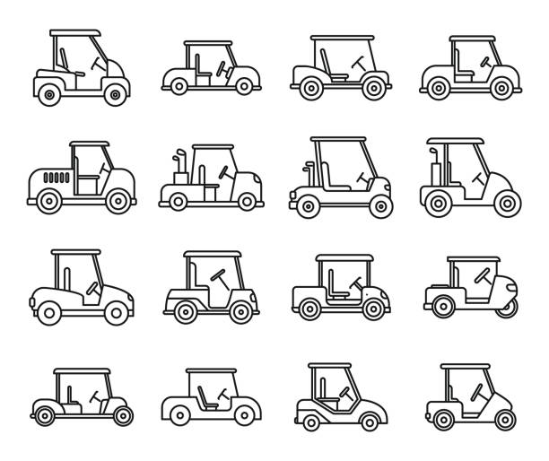 Electric golf cart icons set, outline style Electric golf cart icons set. Outline set of electric golf cart vector icons for web design isolated on white background golf cart vector stock illustrations